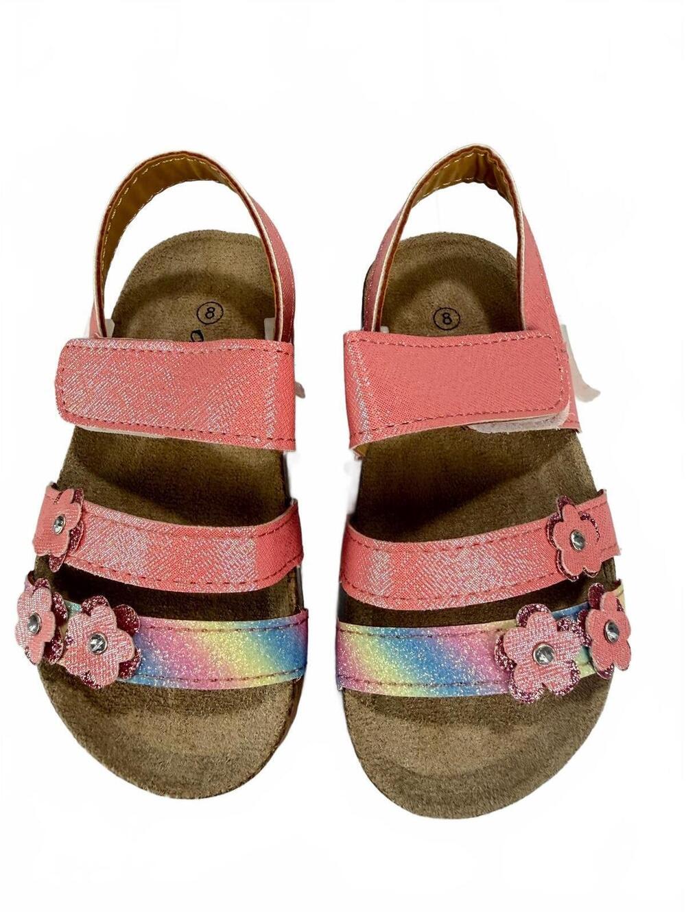 Chulis Girls Size 8 Pink Rainbow Glitter Flower Sandals Rhinestone New in Box